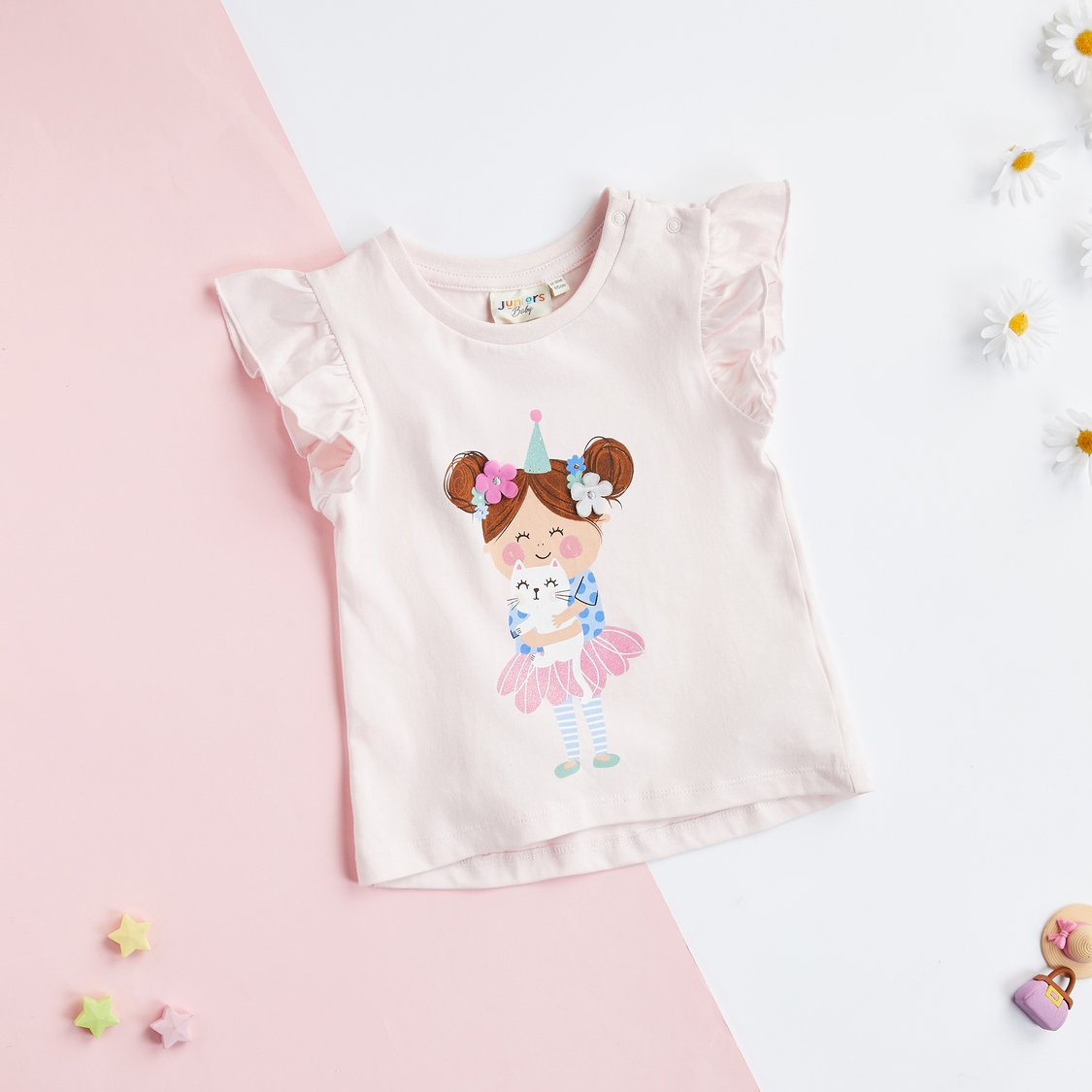 Juniors Graphic Print T-shirt with Cap Sleeves