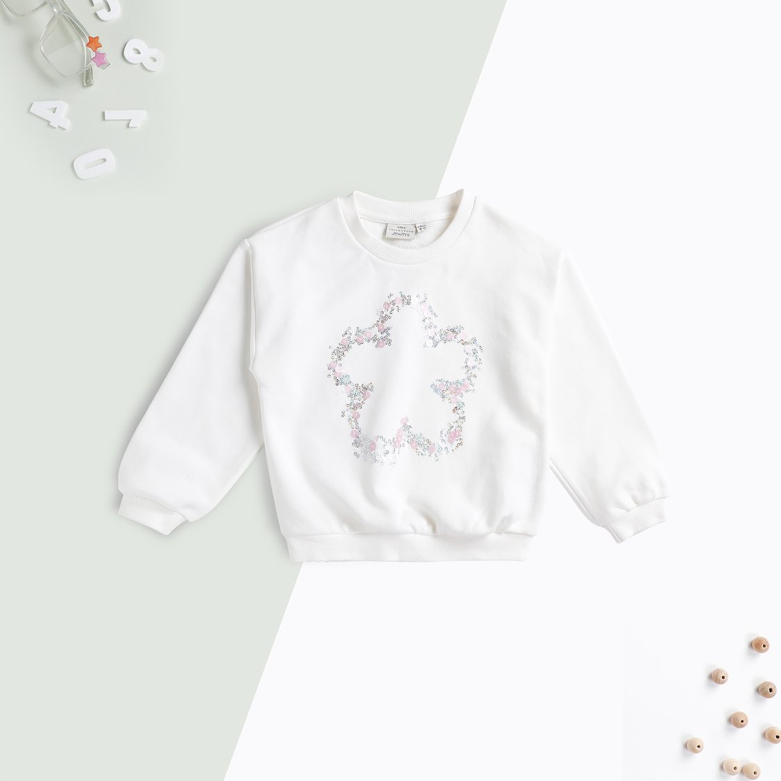 Juniors Floral Sequinned Round Neck Sweatshirt with Long Sleeves