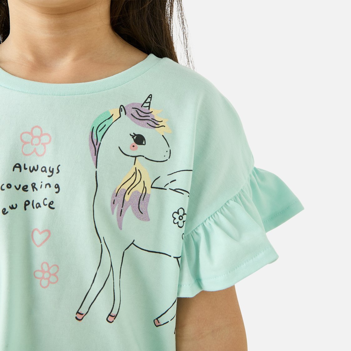 Juniors Unicorn Print Short Sleeves T-shirt and Floral Print Skirt Set