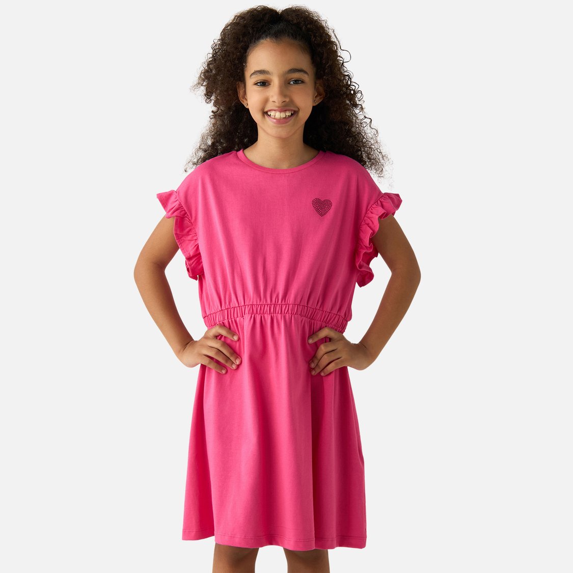 Juniors Solid A-Line Dress with Round Neck and Short Sleeves