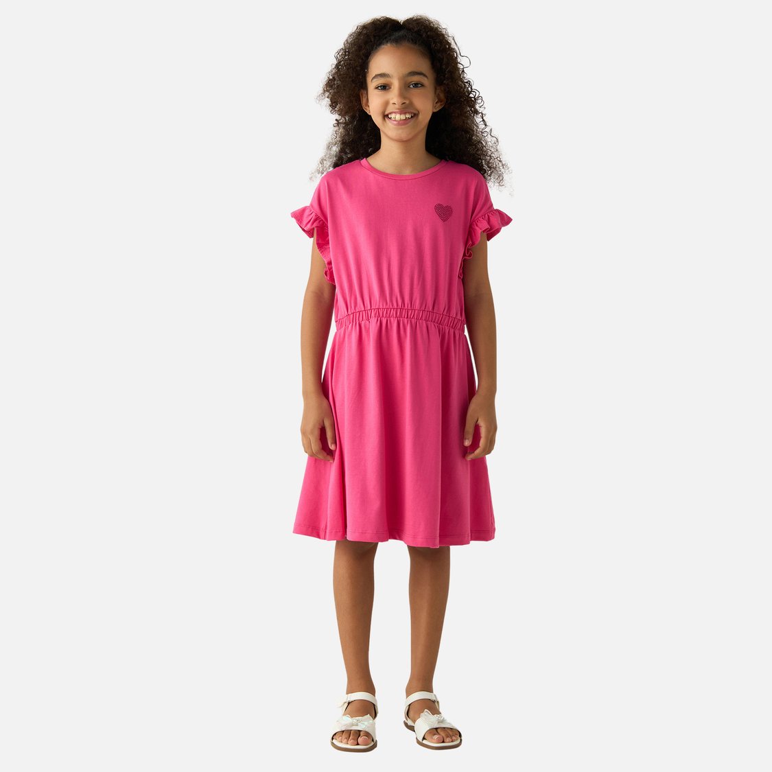 Juniors Solid A-Line Dress with Round Neck and Short Sleeves