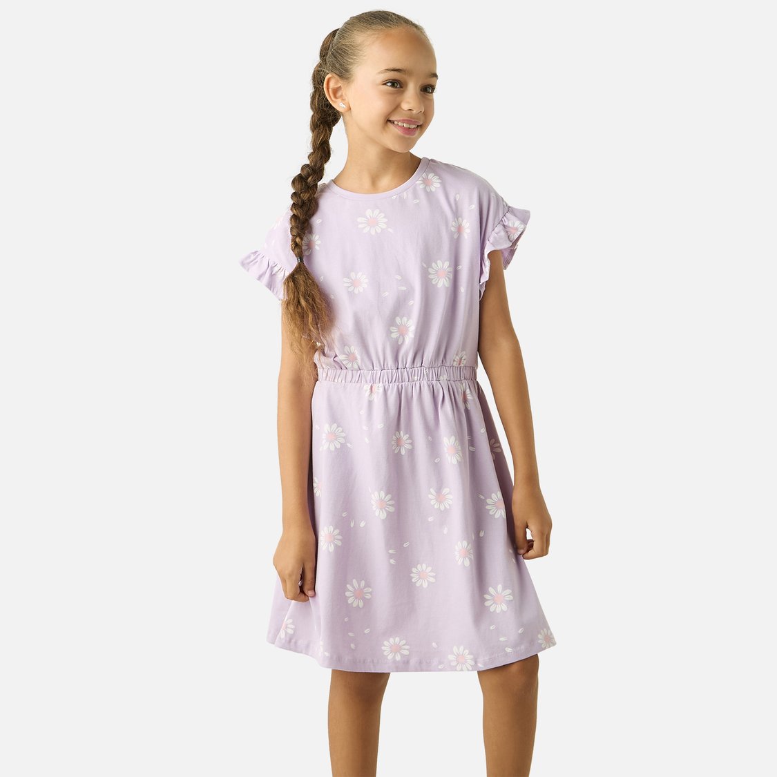 Juniors All-Over Floral Print A-line Dress with Ruffle Sleeves