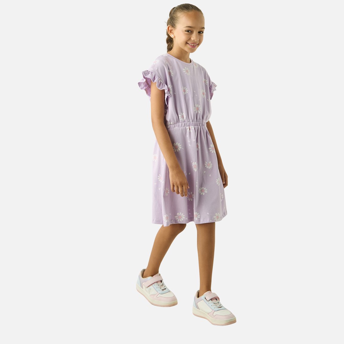 Juniors All-Over Floral Print A-line Dress with Ruffle Sleeves
