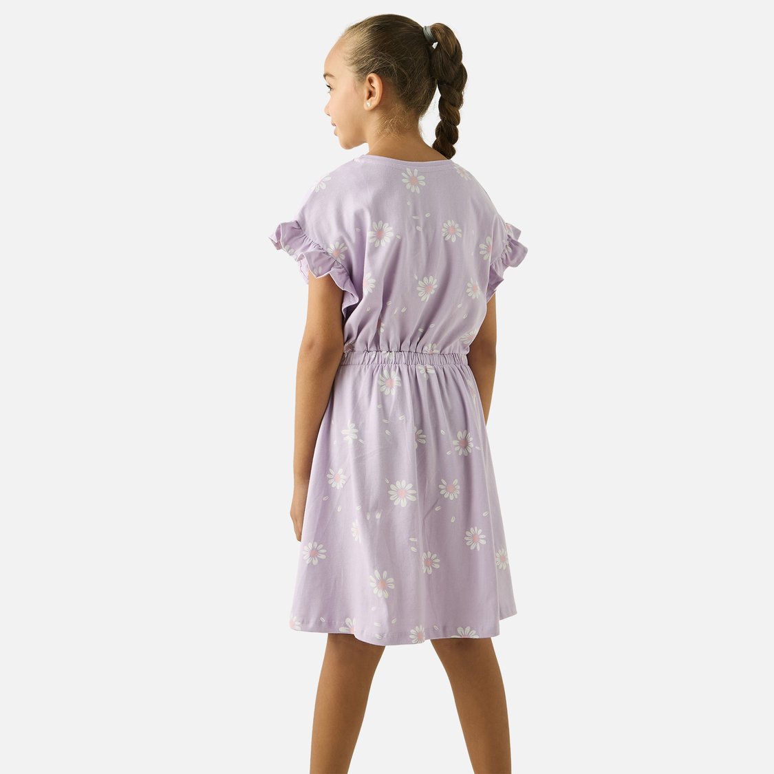 Juniors All-Over Floral Print A-line Dress with Ruffle Sleeves