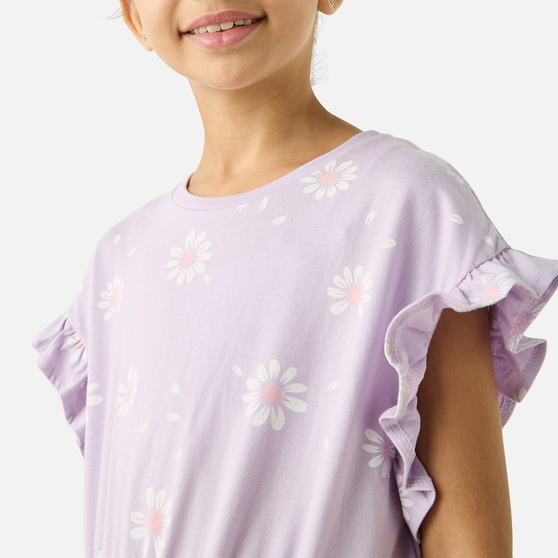 Juniors All-Over Floral Print A-line Dress with Ruffle Sleeves
