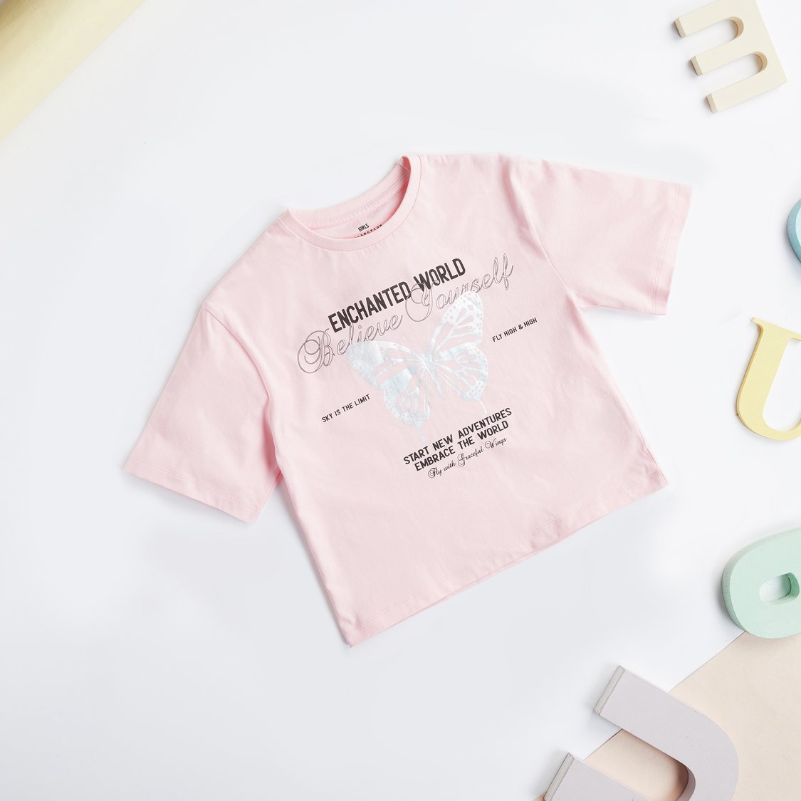 Juniors Graphic Print T-shirt with Crew Neck and Short Sleeves