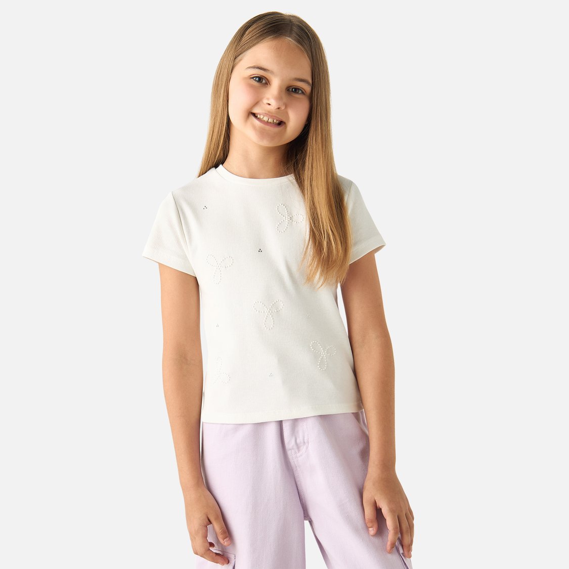 Juniors Embellished Short Sleeves T-shirt with Crew Neck
