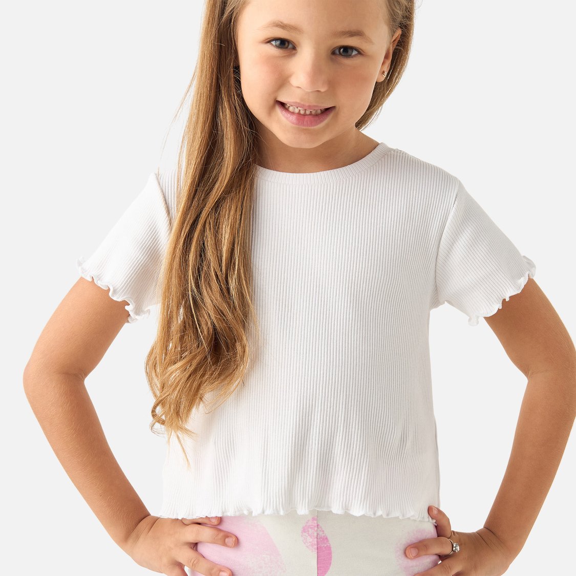 Juniors Ribbed T-shirt with Lettuce Hem and Crew Neck