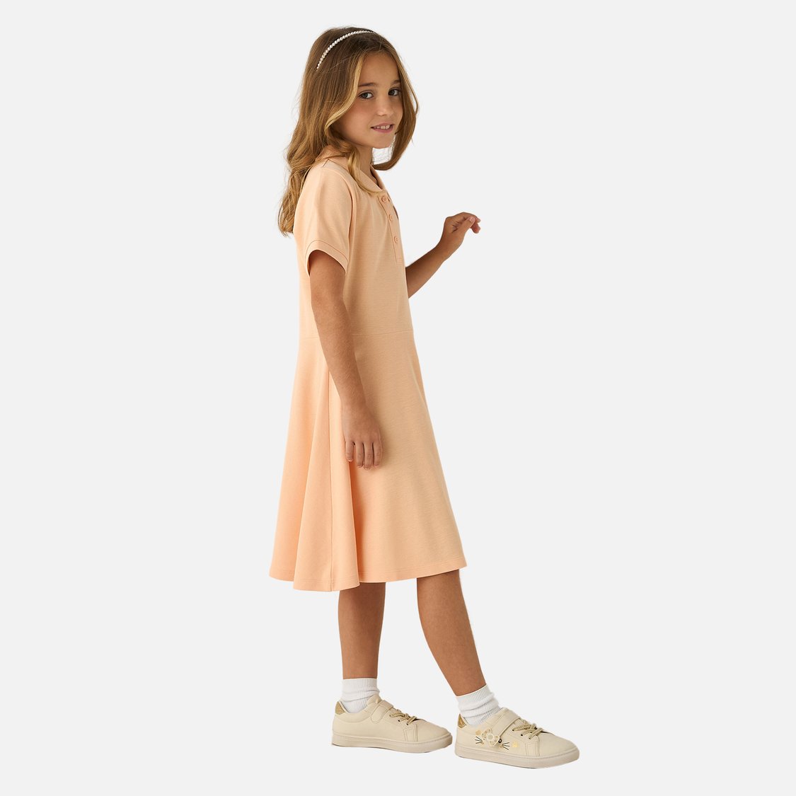 Juniors Heart Embroidered A-Line Polo Dress with Short Sleeves