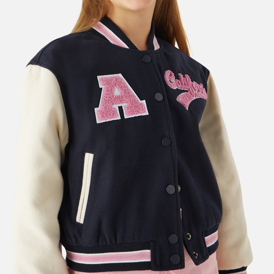 Juniors Applique Detail Varsity Jacket with Button Closure