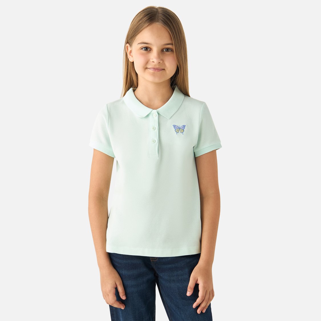 Juniors Butterfly Embroidered Polo T-shirt with Short Sleeves