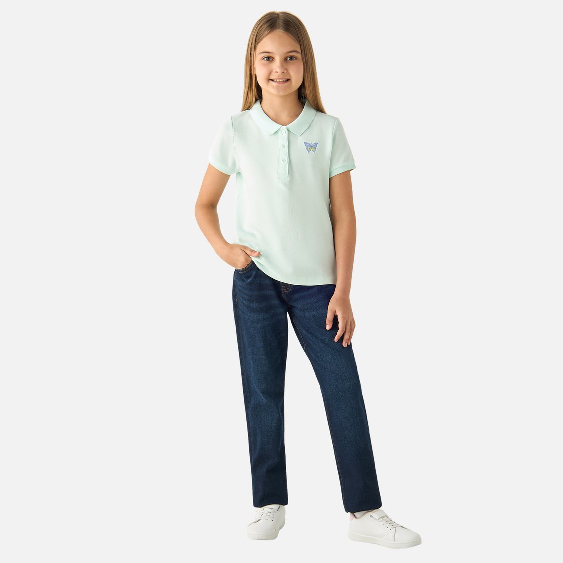 Juniors Butterfly Embroidered Polo T-shirt with Short Sleeves