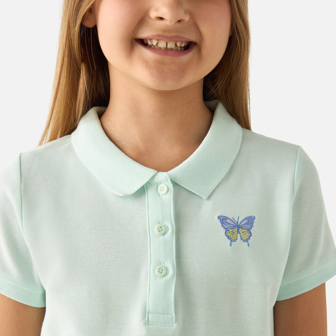Juniors Butterfly Embroidered Polo T-shirt with Short Sleeves