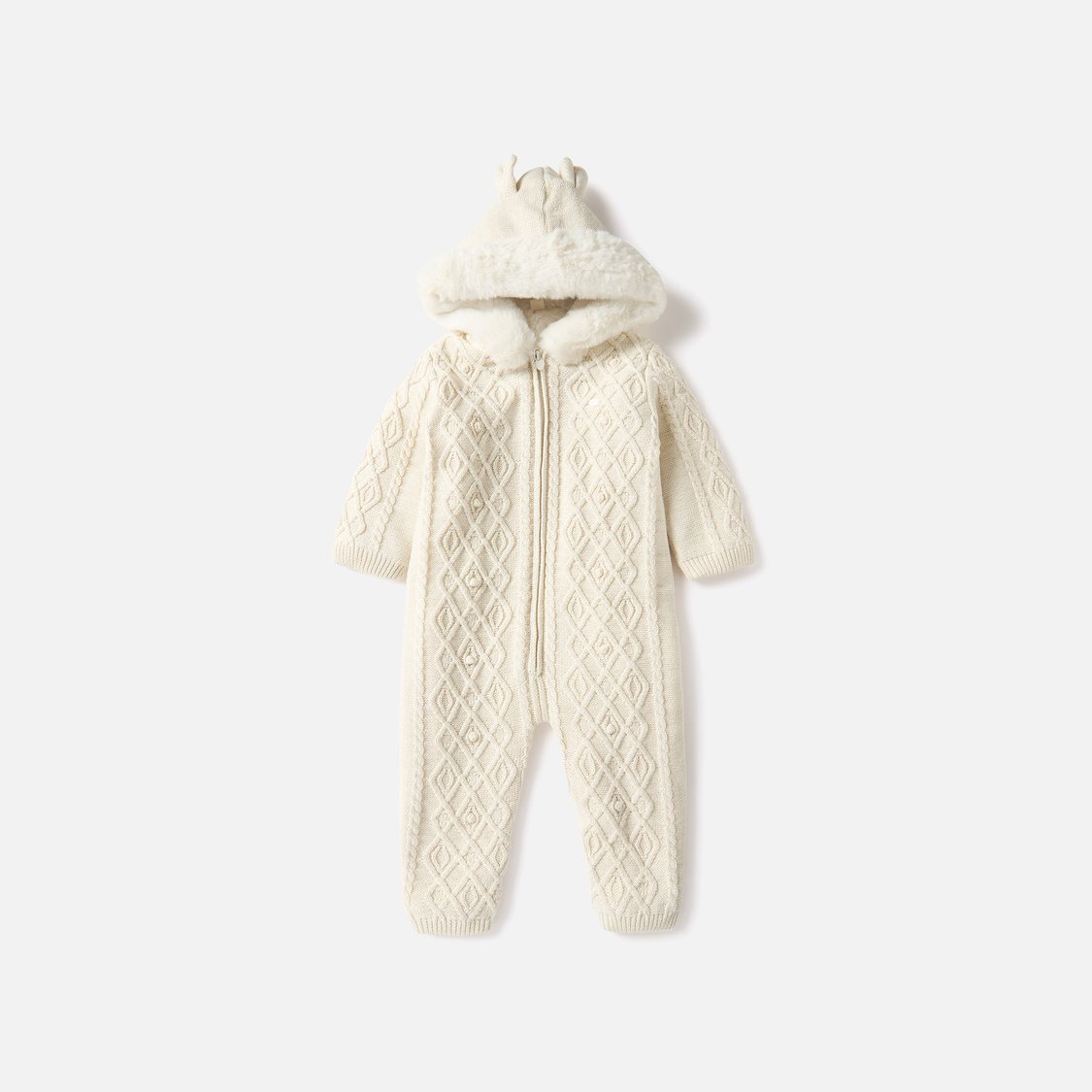 Giggles Textured Hooded Romper with Long Sleeves