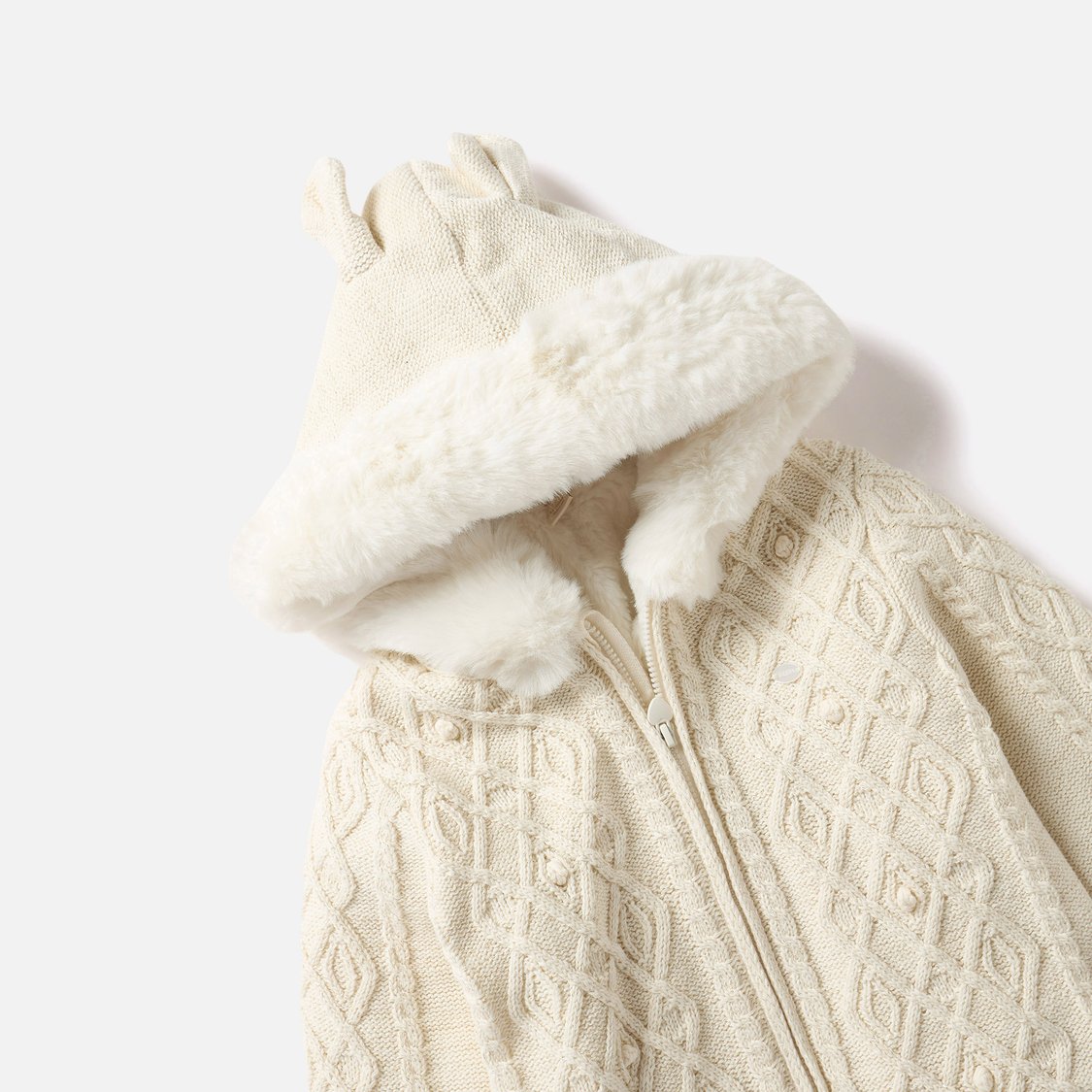 Giggles Textured Hooded Romper with Long Sleeves