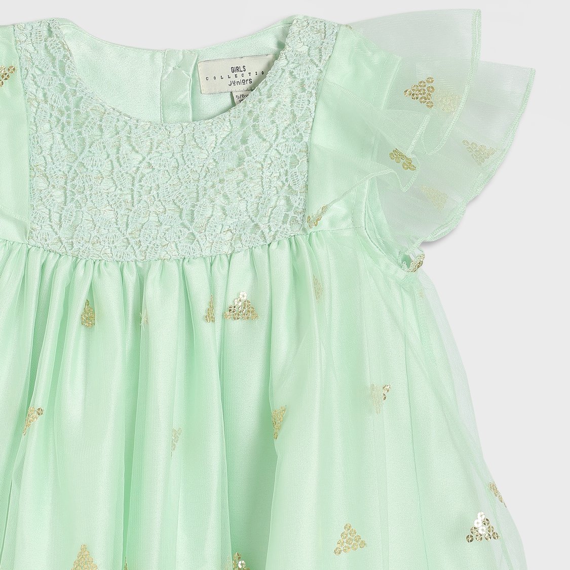 Juniors Sequin A-line Dress with Ruffle Cap Sleeves