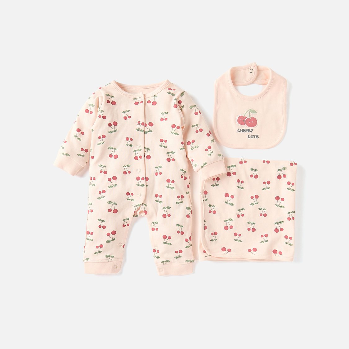 Juniors Cherry Print Sleepsuit with Receiving Blanket and Bib