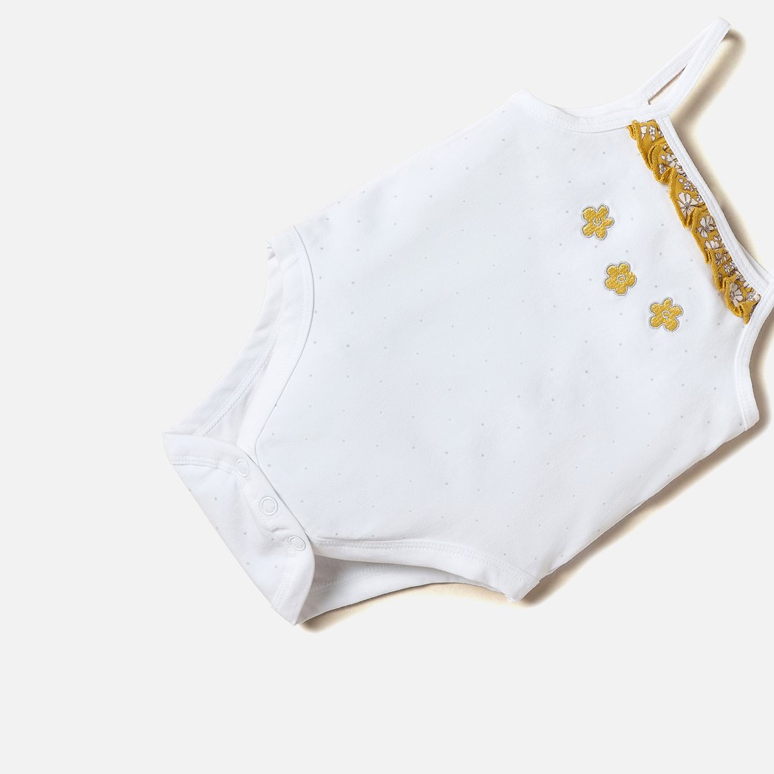 Juniors Floral Embroidered Sleeveless Bodysuit with Button Closure