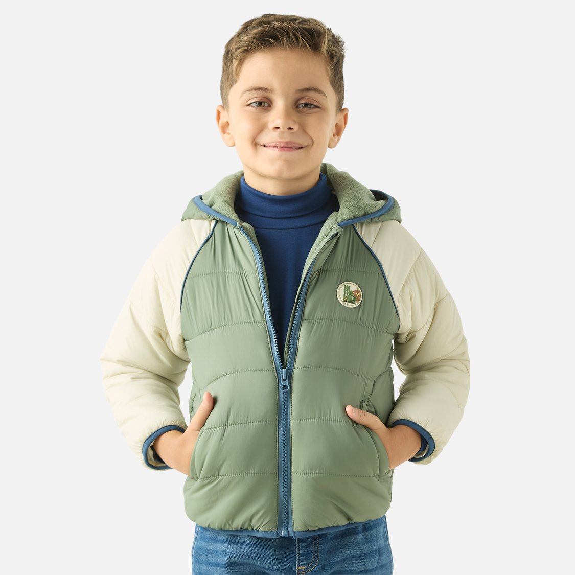 Juniors Colourblock Hooded Padded Jacket with Long Sleeves and Zip Closure
