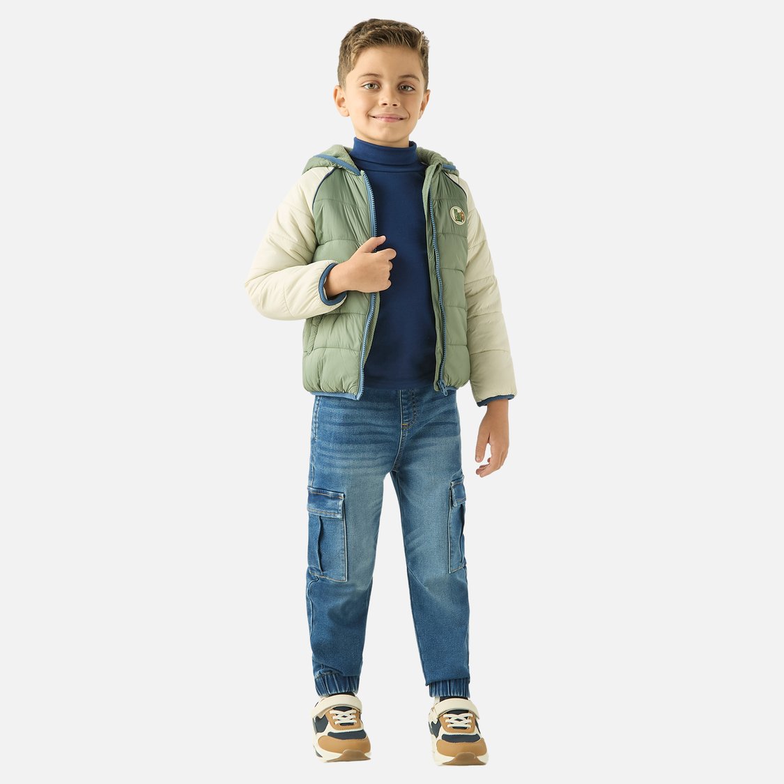 Juniors Colourblock Hooded Padded Jacket with Long Sleeves and Zip Closure
