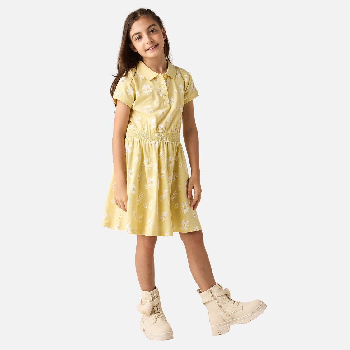 Juniors Floral Print Polo Dress with Short Sleeves
