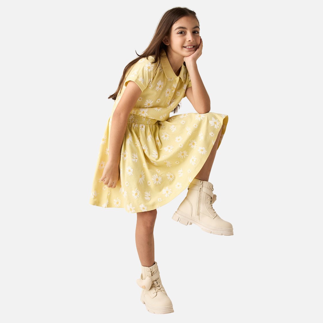 Juniors Floral Print Polo Dress with Short Sleeves