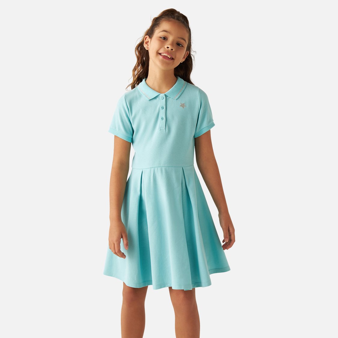 Juniors Star Print Polo Dress with Short Sleeves and Pleats