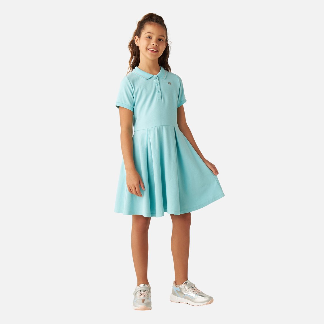 Juniors Star Print Polo Dress with Short Sleeves and Pleats