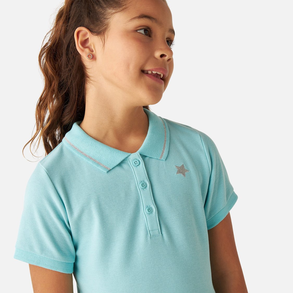 Juniors Star Print Polo Dress with Short Sleeves and Pleats