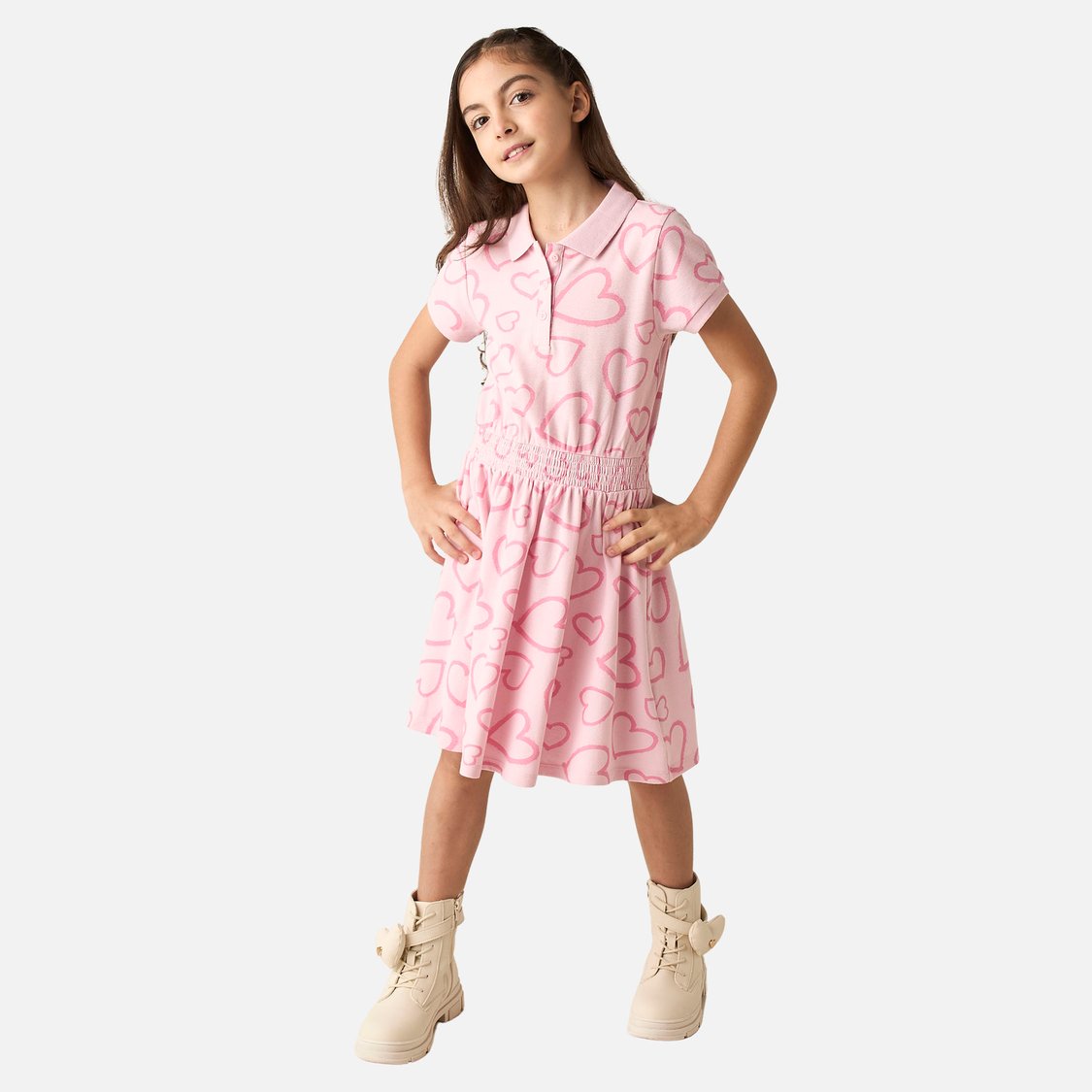 Juniors All-Over Heart Print Polo Dress with Short Sleeves