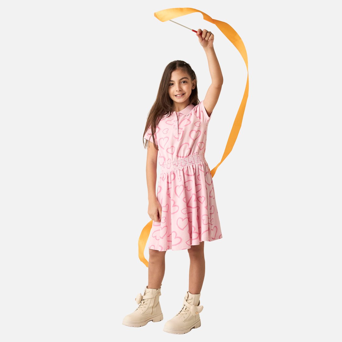 Juniors All-Over Heart Print Polo Dress with Short Sleeves