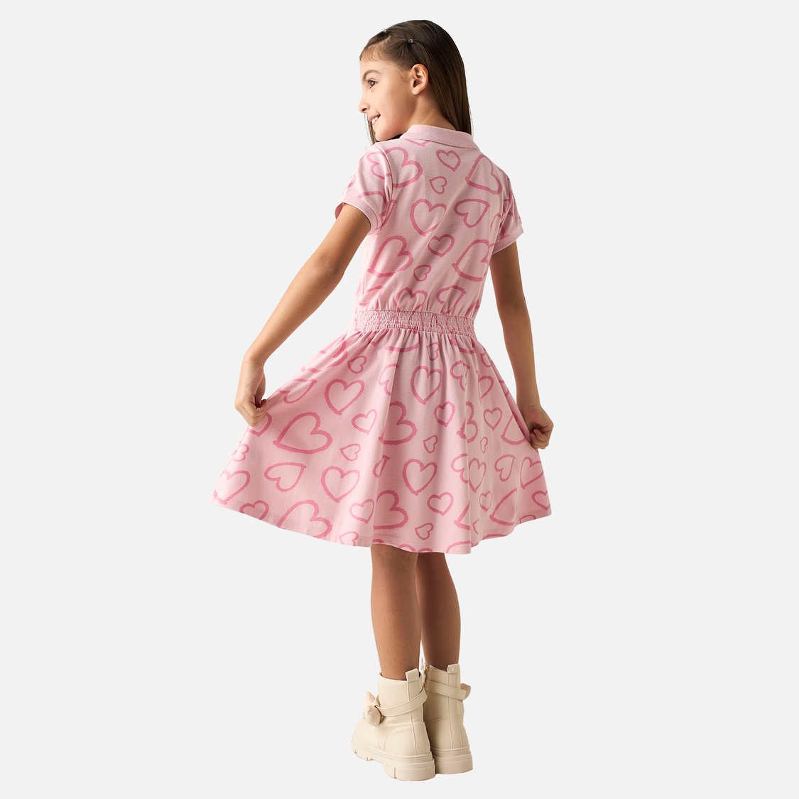 Juniors All-Over Heart Print Polo Dress with Short Sleeves