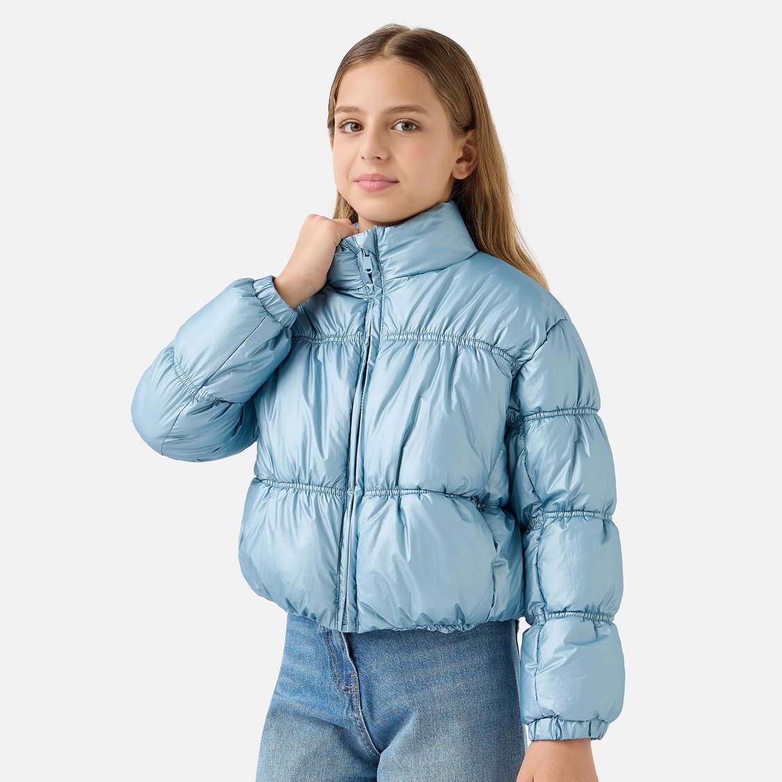 Juniors Solid Padded Jacket with High Neck and Zip Closure