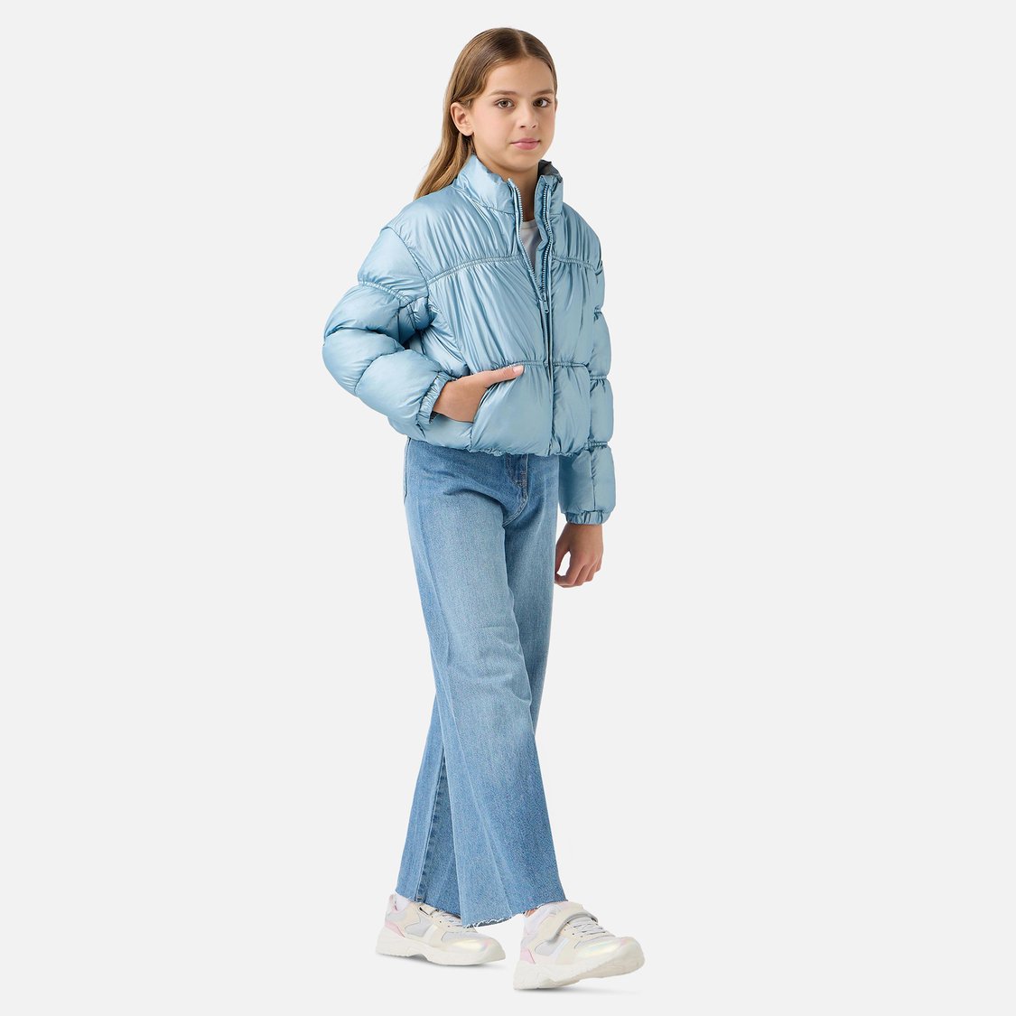 Juniors Solid Padded Jacket with High Neck and Zip Closure