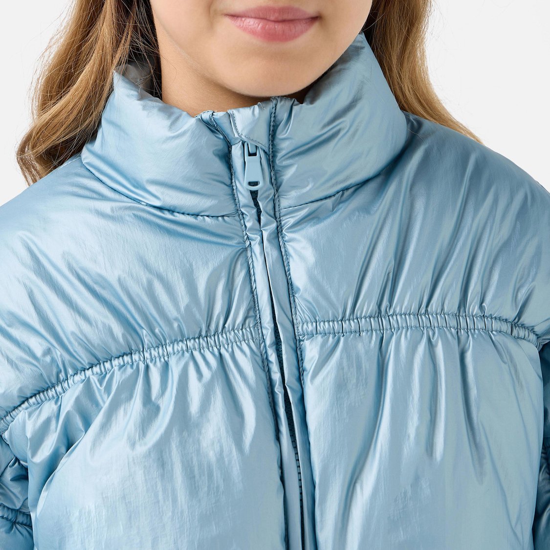 Juniors Solid Padded Jacket with High Neck and Zip Closure