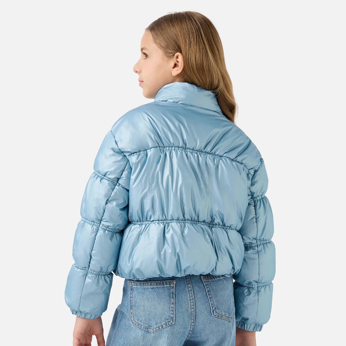 Juniors Solid Padded Jacket with High Neck and Zip Closure