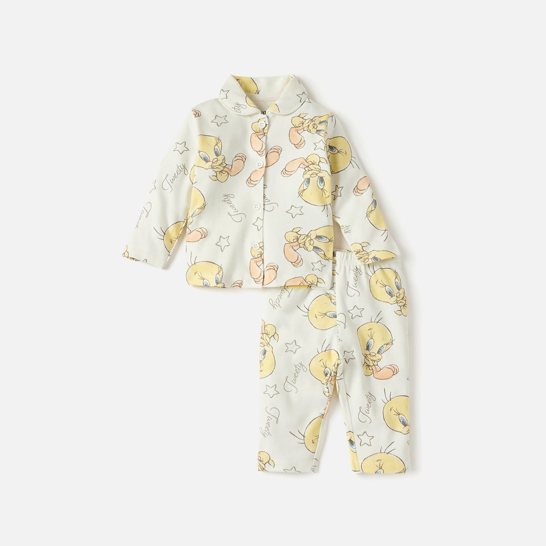 All-Over Tweety Print Long Sleeves Shirt and Pyjama Set