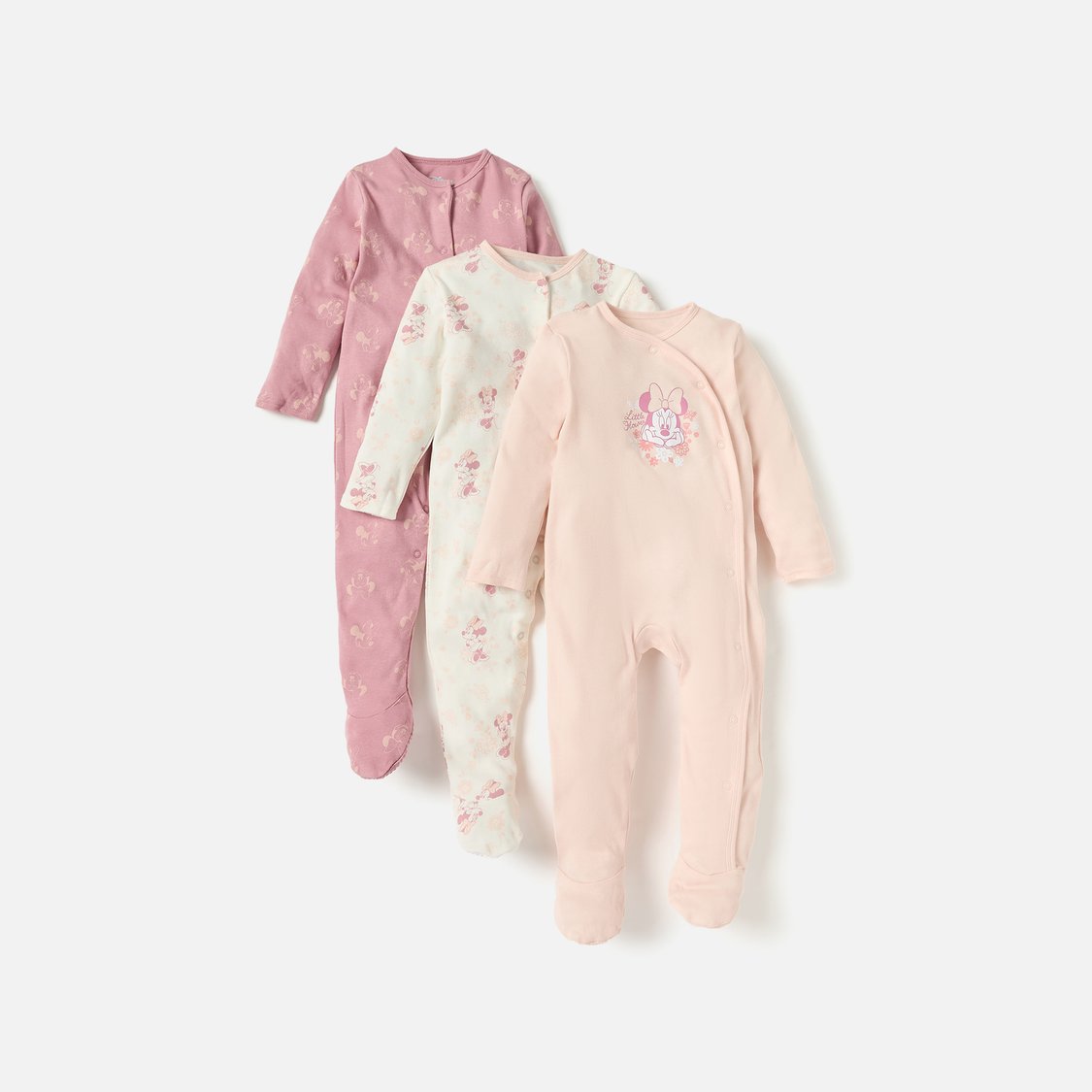 Minnie Mouse Print Footed Sleepsuit with Long Sleeves - Set of 3