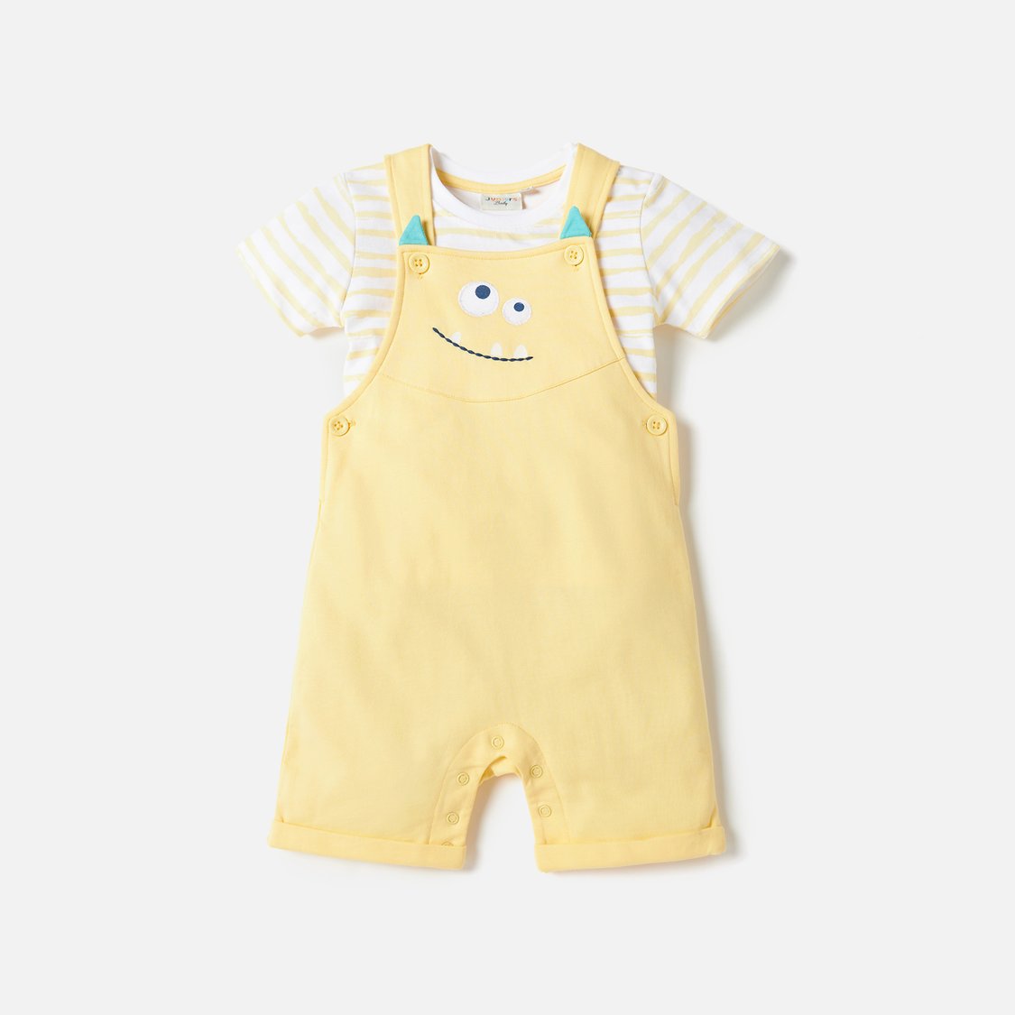 Juniors Striped T-shirt and Monster Print Dungaree Set