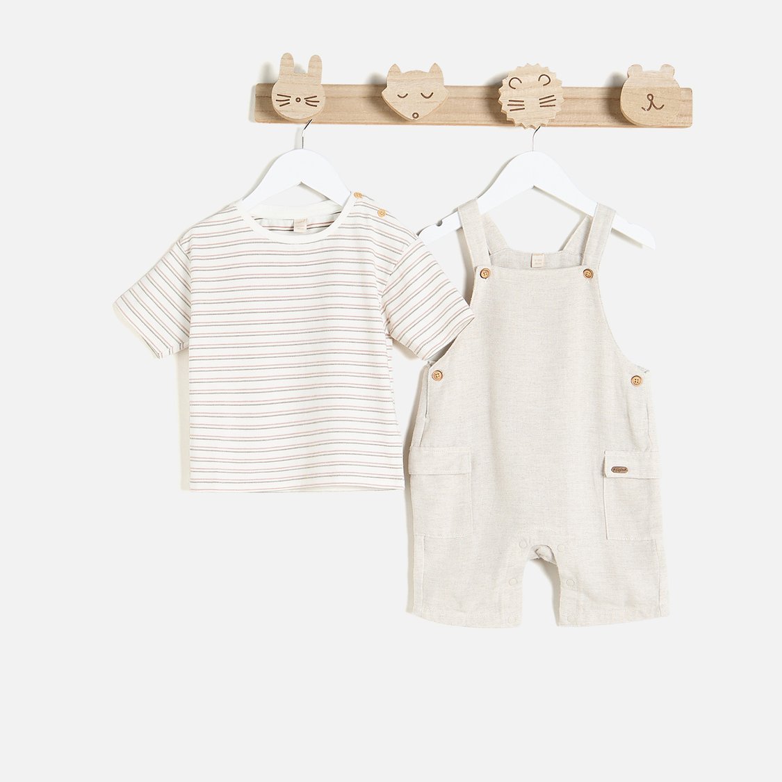 Giggles Solid Dungaree and Striped T-shirt Set