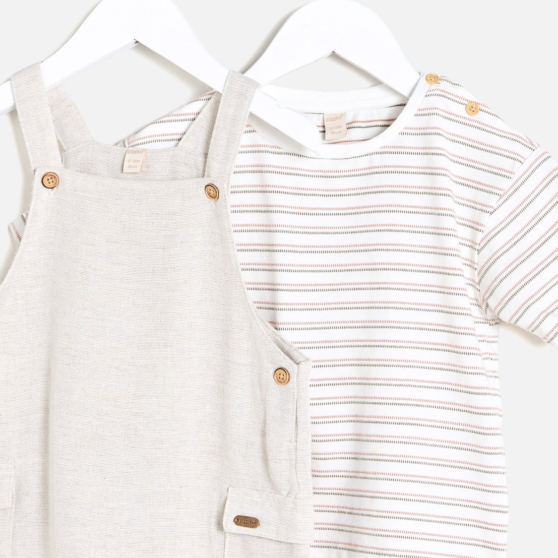 Giggles Solid Dungaree and Striped T-shirt Set