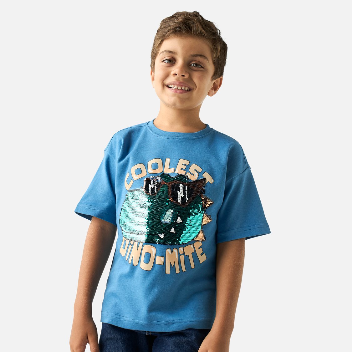 Juniors Embellished Dinosaur Print T-shirt with Short Sleeves