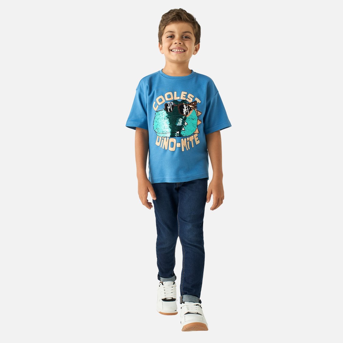 Juniors Embellished Dinosaur Print T-shirt with Short Sleeves