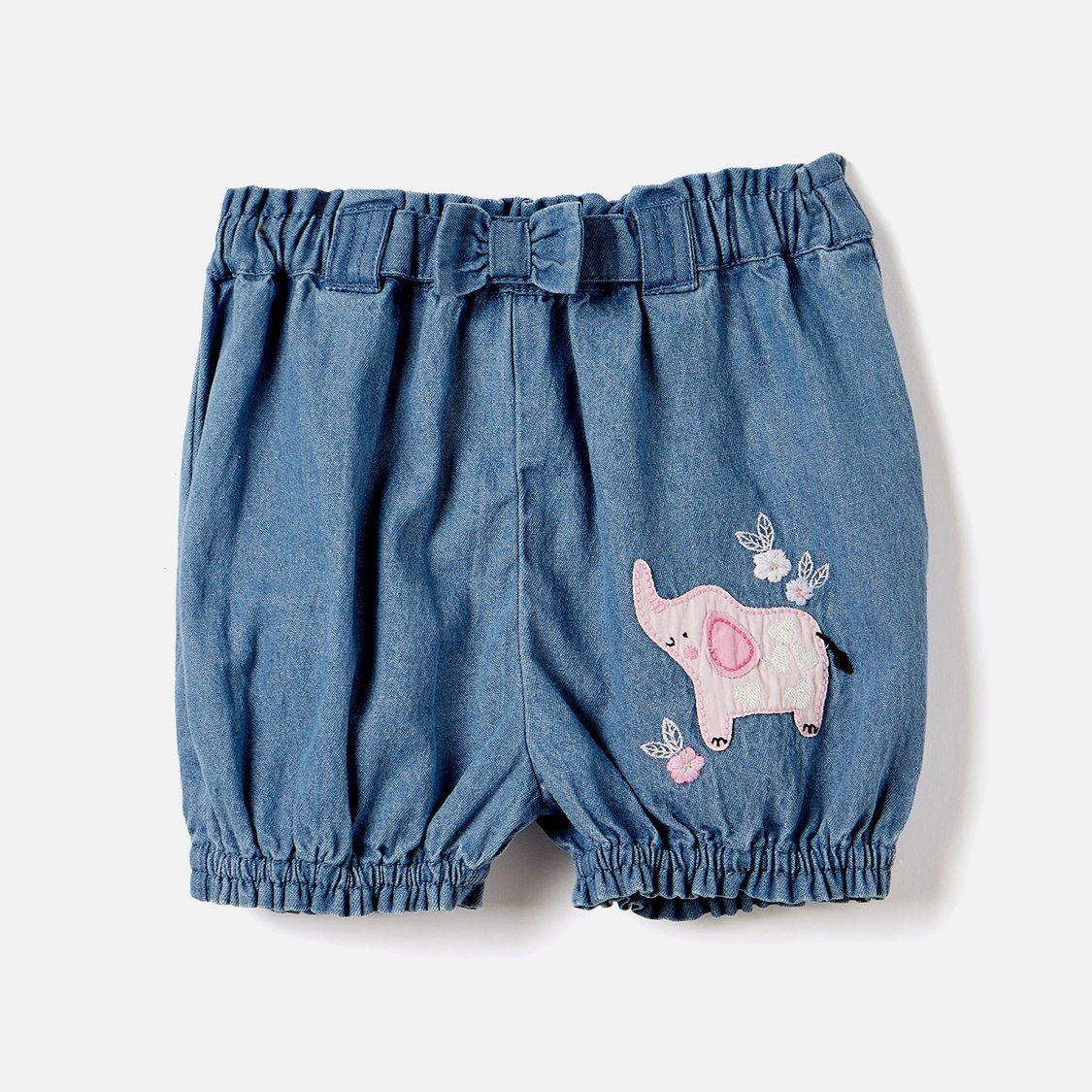 Juniors Elephant Applique Denim Shorts with Bow Detail