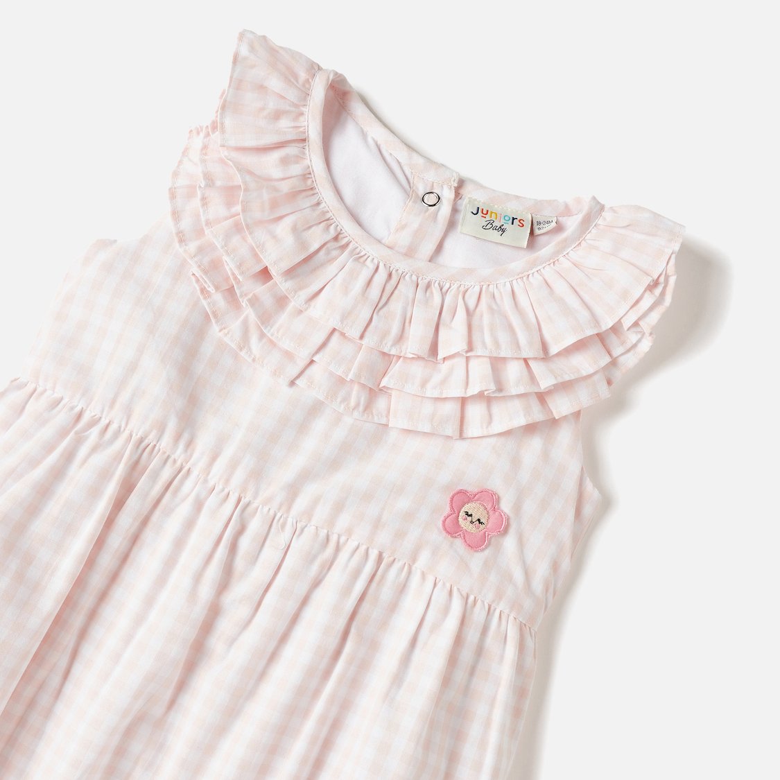 Juniors Checked Sleeveless Romper with Ruffle Detail