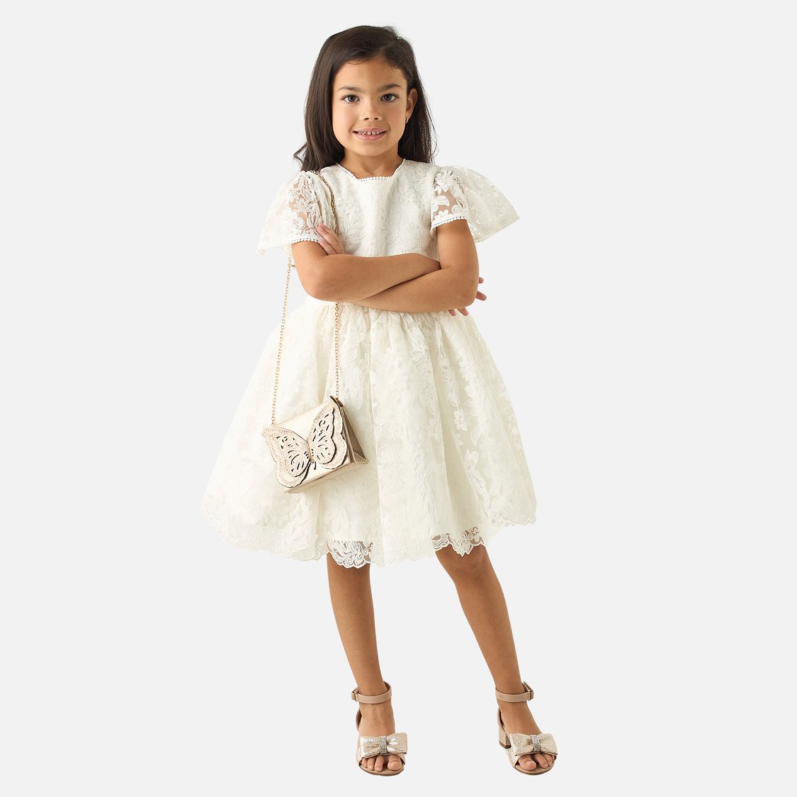 Juniors Floral Embroidered A-line Dress with Flared Sleeves