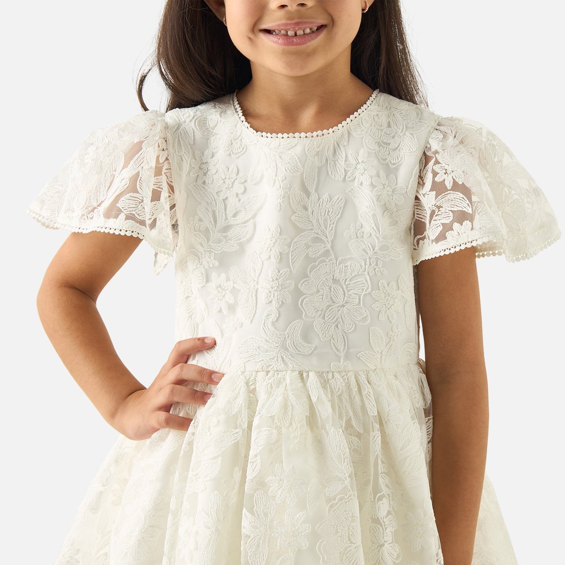 Juniors Floral Embroidered A-line Dress with Flared Sleeves