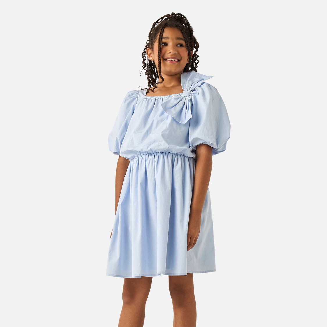 Juniors Solid Bow Applique A-line Dress with Square Neck