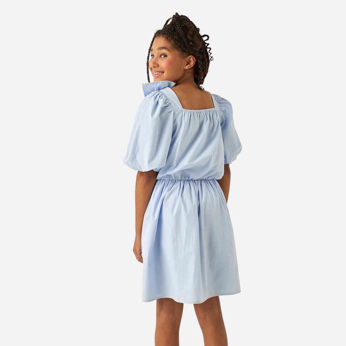 Juniors Solid Bow Applique A-line Dress with Square Neck