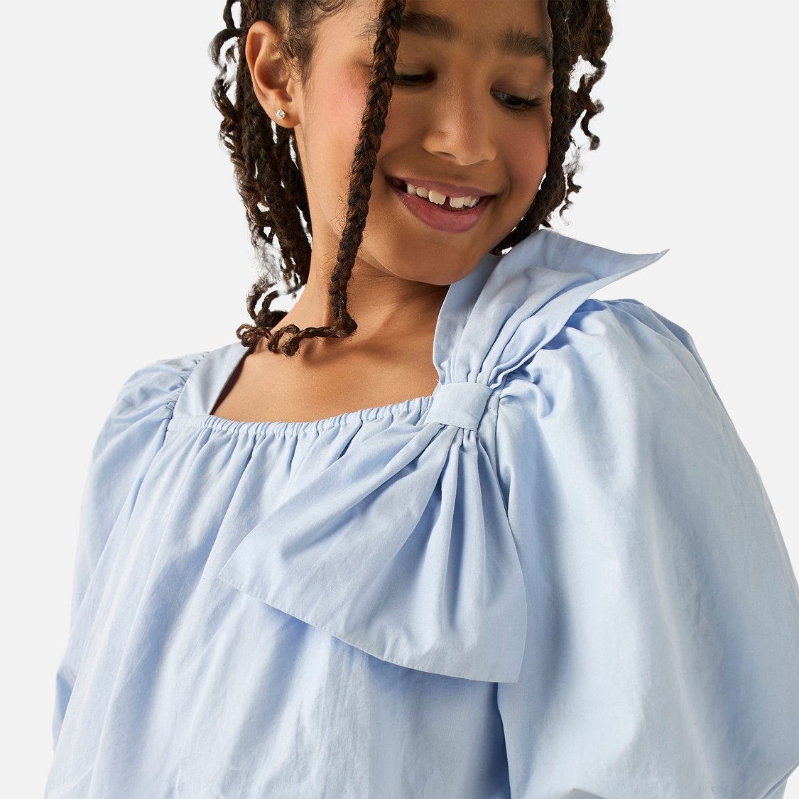 Juniors Solid Bow Applique A-line Dress with Square Neck